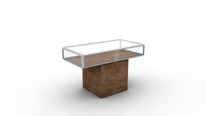 Gablota muzealna stojaca na cokole meblowym