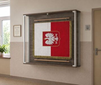 Gablotka na sztandar w szkole z płytą RAL